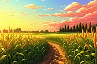 Sunset cornfield landscape agriculture grassland. 