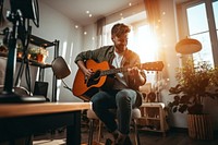 Guitar chair playing music vlog video. 