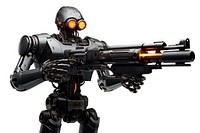 Robot human type fire gun weapon mecha white background. AI generated Image by rawpixel.
