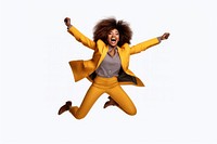 Black woman jumping shouting portrait. 