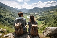 Tourist couple nature backpacking outdoors. 