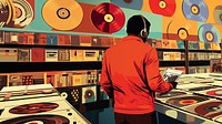 A person selecting vinyl records in a retro record store. 