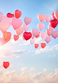 a real photo of heart-shaped balloons floating up in the air. 