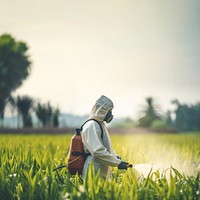 Asian farmer wear safety clothes with protective mask spraying organic pesticides. 