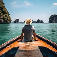 Back view photo of a man sitting in front of a boat, in Krabi in sunny day. AI generated Image by rawpixel.