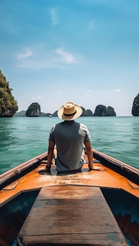 Back view photo of a man sitting in front of a boat, in Krabi in sunny day. 