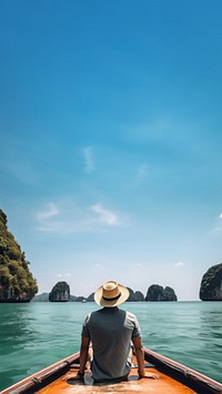 Back view photo of a man sitting in front of a boat, in Krabi in sunny day. 