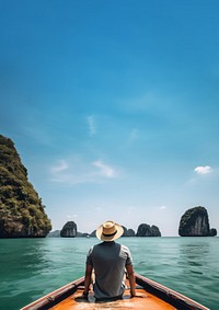 Back view photo of a man sitting in front of a boat, in Krabi in sunny day. 