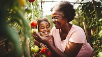 close up photo of African American grandmother and granddaughter picking up fresh tomatoes in the greenhouse. 