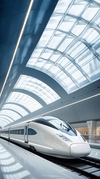 Sleek high-speed train in modern station. Futuristic train design with curved glass roof. High-speed train on tracks, reflecting modern architecture.