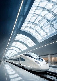 Sleek high-speed train in modern station. Futuristic train design with arched glass roof. High-speed train ready for departure in bright, airy station.