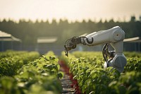 Agriculture robotic arm holding plant agriculture farm outdoors. 