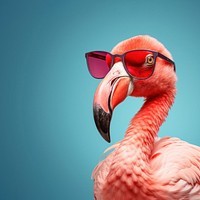 Photo of a flamingo wearing sunglasses, isolated on pastel background. 