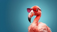 Photo of a flamingo wearing sunglasses, isolated on pastel background. 