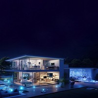 Modern smart home with futuristic design, glowing blue lights. Smart home technology, futuristic ambiance, modern architecture. Night view of smart home.