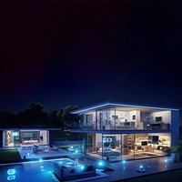 Modern smart home with glowing lights at night. Futuristic design with smart technology. Spacious smart home with sleek architecture and smart features.