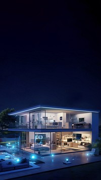 Modern smart home at night with glowing lights. Futuristic design with smart home technology. Glass walls reveal smart home interior. Night view of smart home.