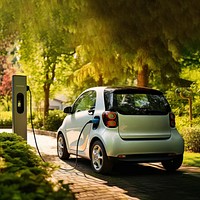 Electric car charging at a station in a lush green park. Eco-friendly vehicle plugged in, charging. Green park, electric car, charging station, eco-friendly travel.