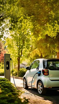 Electric car charging in a sunny park. Eco-friendly vehicle, electric car plugged in, surrounded by nature. Green energy, electric car in a serene setting.