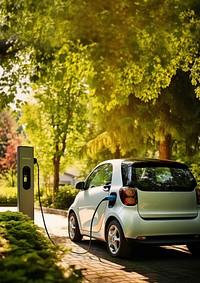 Electric car charging in a sunny park. Green trees surround the electric car. Eco-friendly transportation with electric car and charging station in nature.