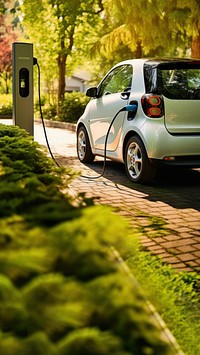 Electric car charging at a station in a green park. Compact electric vehicle plugged in. Eco-friendly electric car charging amid lush greenery.