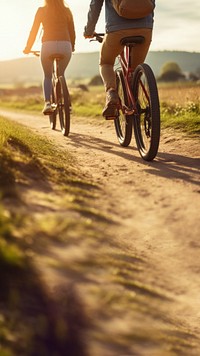 photo of couple riding bicycles through countryside. 