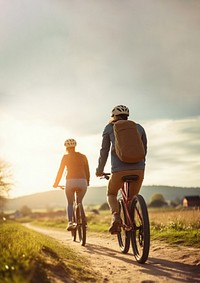 photo of couple riding bicycles through countryside. 