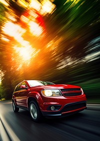 photo of red suv car in motion. 