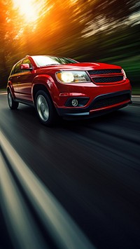 Red SUV driving fast on a road. SUV in motion, showcasing speed and power. Vibrant red SUV, dynamic and sleek. Road blurred, emphasizing SUV speed.