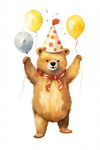 Bear character wearing party hat celebration birthday balloon. 