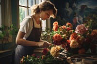 A woman preparing flower bouquet adult plant concentration. 