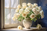 Blooming white roses window flower plant. 