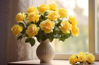 Blooming yelllow roses flower window plant. 