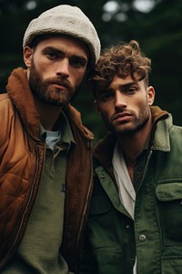 Two men portrait outdoors jacket. 