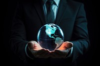 Businessman holding digital global planet globe space. 