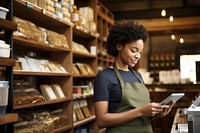 Female business owner working shelf adult. 