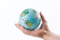 Hand holding digital globe planet white background topography. 