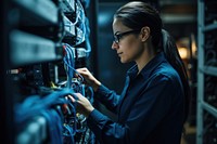 Server room technician examining computer. 