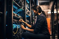 Server room technician computer working. .