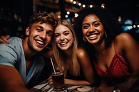 4 diverse friends taking a selfie laughing smile adult. 