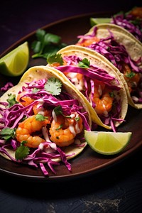 Shrimp tacos plate food vegetable. 