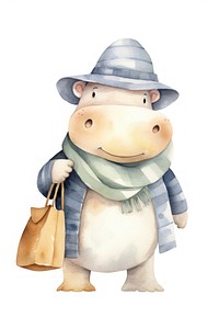 Hippo holding shopping bag clothing cartoon hat. 