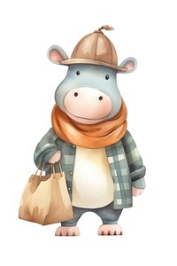 Hippo holding shopping bag cartoon animal toy. 