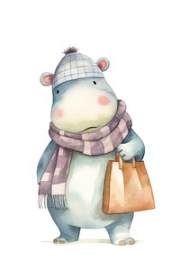 Hippo holding shopping bag cartoon cute rat. 