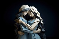 Two girls hug adult art representation. 