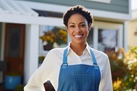 Cleaning service women smiling apron entrepreneur. 