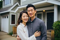 Asian couple standing adult house. 