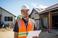 Asian man wearing hard hat holding clipboard standing hardhat helmet. 