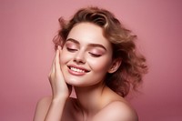 Gorgeous touching cheeks portrait adult smile. 