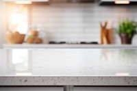 Empty countertops kitchen defocused architecture. 